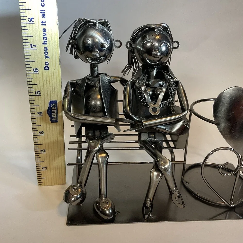 Vintage Wine Bottle /Candle Holder Metall‎ Statue Love Couple On The Bench
